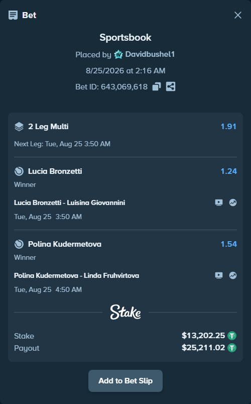 Bet slip: Lucia Bronzetti - Luisina Giovannini, $13,202.25 stake at 1.24 odds, placed by Davidbushel1