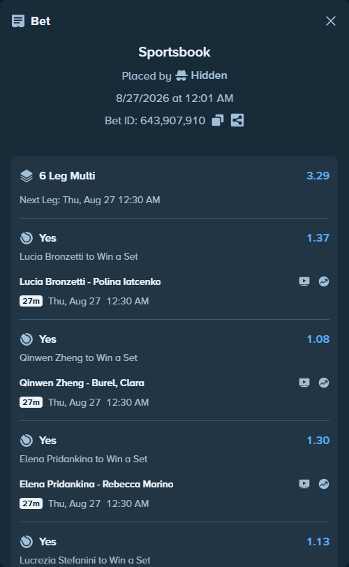 Bet slip: Lucia Bronzetti - Polina Iatcenko, $11,188.67 stake at 1.37 odds, placed by Hidden