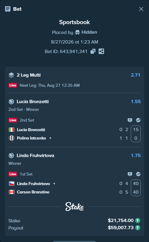 Bet slip: Lucia Bronzetti - Polina Iatcenko, $21,754.00 stake at 1.55 odds, placed by Hidden