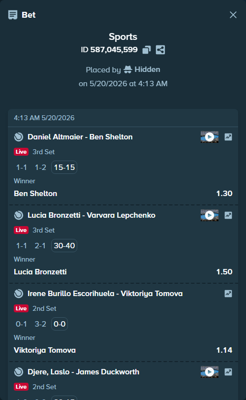 Bet slip: Lucia Bronzetti - Varvara Lepchenko, $10,000.00 stake at 1.50 odds, placed by Hidden