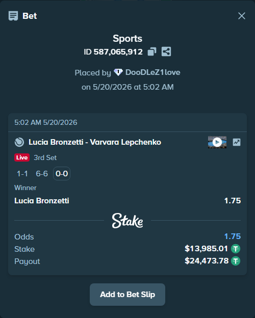 Bet slip: Lucia Bronzetti - Varvara Lepchenko, $13,999.00 stake at 1.75 odds, placed by DooDLeZ1love