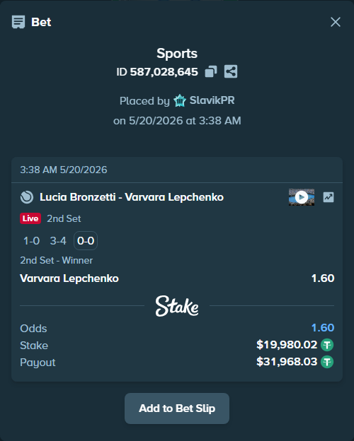 Bet slip: Lucia Bronzetti - Varvara Lepchenko, $20,000.00 stake at 1.60 odds, placed by SlavikPR