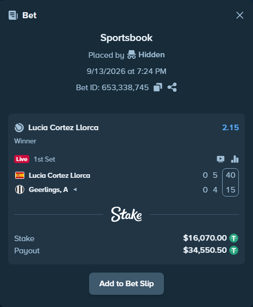 Bet slip: Lucia Cortez Llorca - Geerlings, A, $16,070.00 stake at 2.15 odds, placed by Hidden