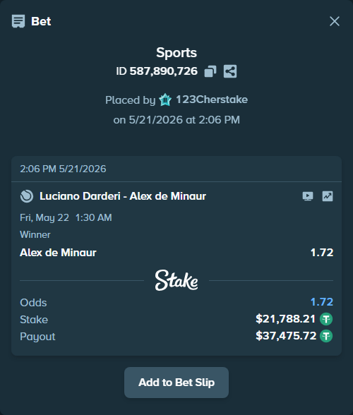 Bet slip: Luciano Darderi - Alex de Minaur, $21,810.00 stake at 1.72 odds, placed by 123Cherstake
