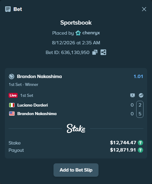 Bet slip: Luciano Darderi - Brandon Nakashima, $12,757.21 stake at 1.01 odds, placed by chenryx