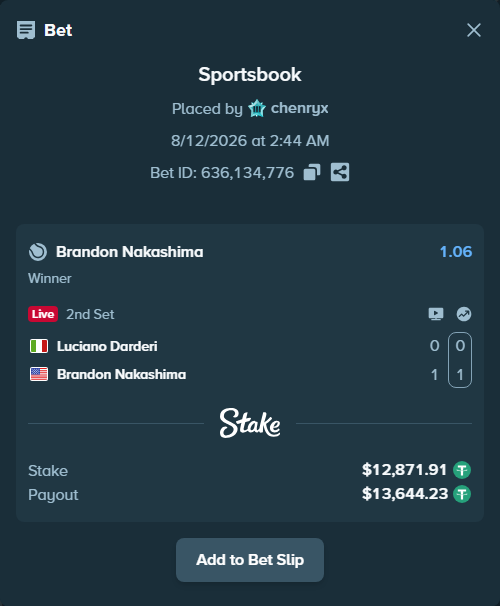 Bet slip: Luciano Darderi - Brandon Nakashima, $12,884.78 stake at 1.06 odds, placed by chenryx