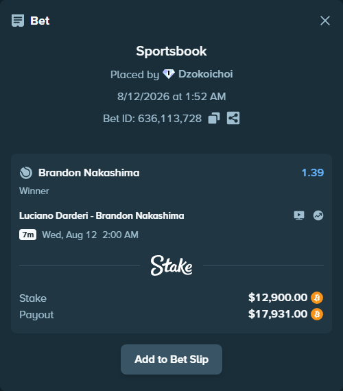 Bet slip: Luciano Darderi - Brandon Nakashima, $12,902.15 stake at 1.39 odds, placed by Dzokoichoi