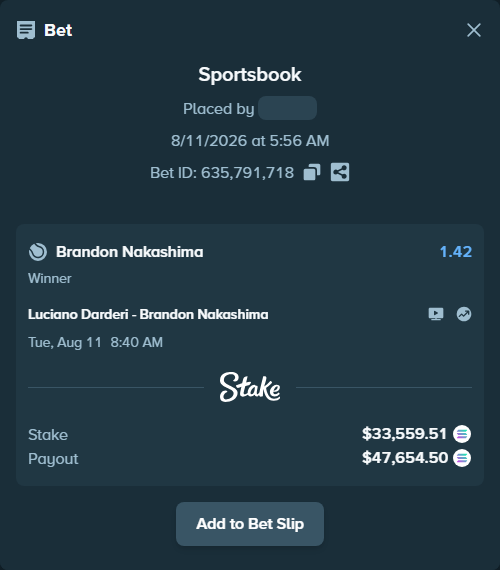 Bet slip: Luciano Darderi - Brandon Nakashima, $33,603.76 stake at 1.42 odds, placed by Prettylfacko98