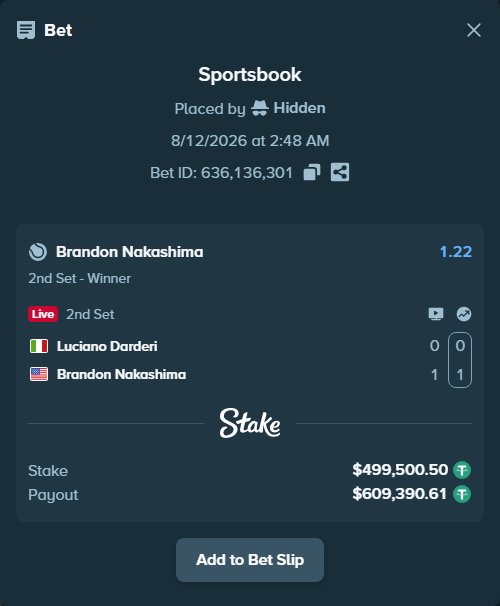 Bet slip: Luciano Darderi - Brandon Nakashima, $500,000.00 stake at 1.22 odds, placed by Hidden