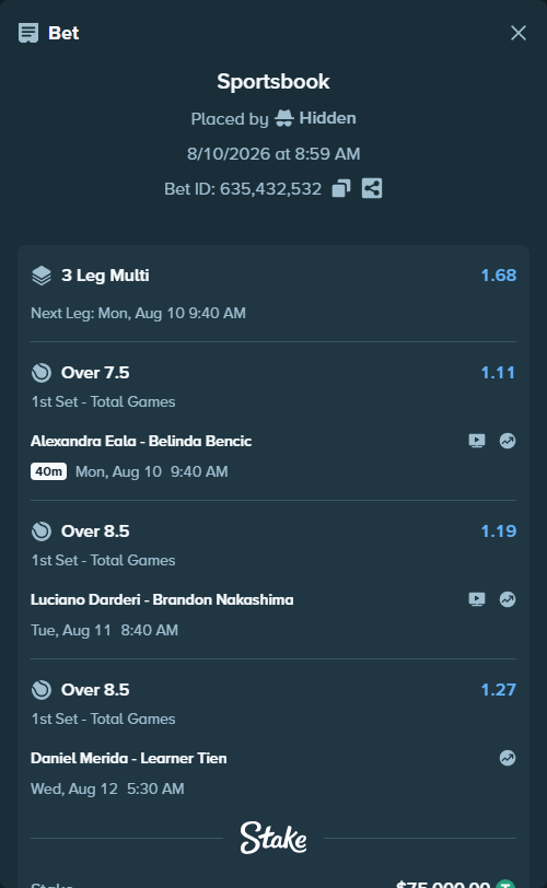 Bet slip: Luciano Darderi - Brandon Nakashima, $75,075.00 stake at 1.19 odds, placed by Hidden