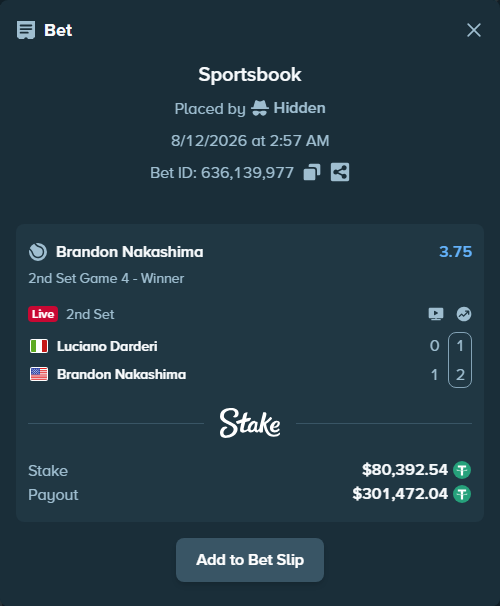Bet slip: Luciano Darderi - Brandon Nakashima, $80,472.94 stake at 3.75 odds, placed by Hidden