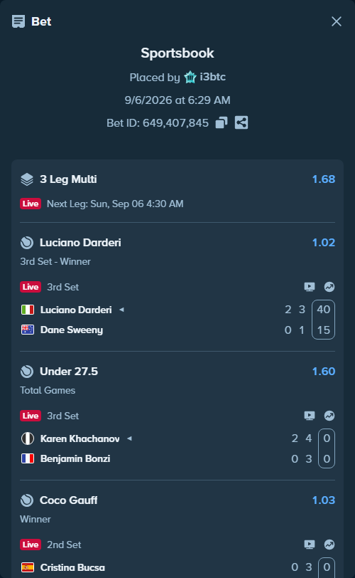 Bet slip: Luciano Darderi - Dane Sweeny, $15,000.00 stake at 1.02 odds, placed by i3btc