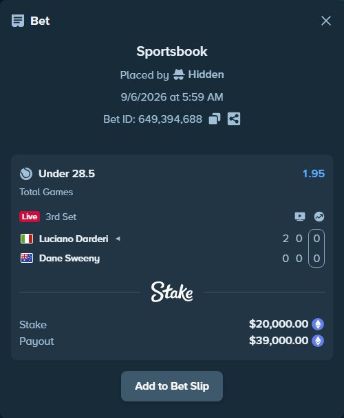 Bet slip: Luciano Darderi - Dane Sweeny, $20,040.63 stake at 1.95 odds, placed by Hidden