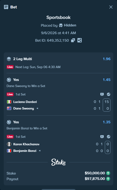 Bet slip: Luciano Darderi - Dane Sweeny, $49,995.00 stake at 1.45 odds, placed by Hidden