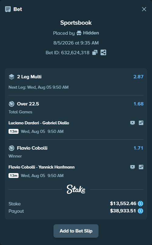 Bet slip: Luciano Darderi - Gabriel Diallo, $13,552.46 stake at 1.68 odds, placed by Hidden