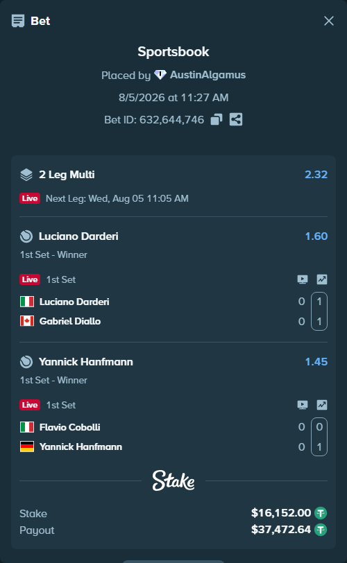 Bet slip: Luciano Darderi - Gabriel Diallo, $16,168.15 stake at 1.60 odds, placed by AustinAlgamus