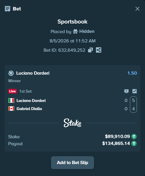 Bet slip: Luciano Darderi - Gabriel Diallo, $90,000.00 stake at 1.50 odds, placed by Hidden