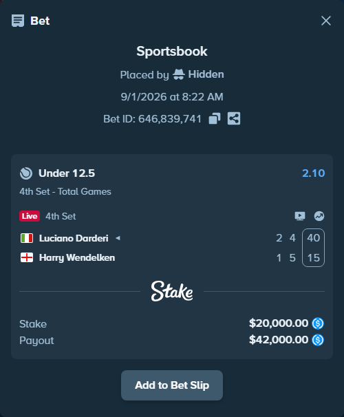 Bet slip: Luciano Darderi - Harry Wendelken, $20,000.00 stake at 2.10 odds, placed by Hidden