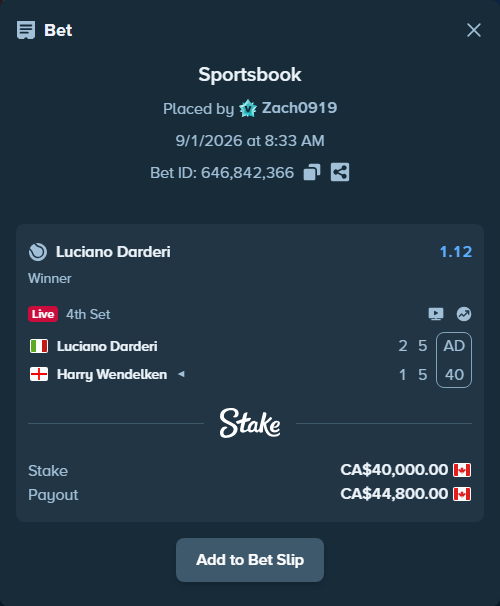 Bet slip: Luciano Darderi - Harry Wendelken, $29,600.00 stake at 1.12 odds, placed by Zach0919