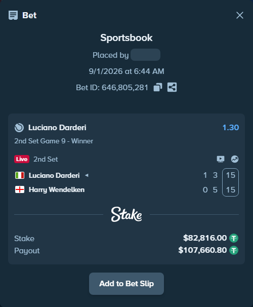 Bet slip: Luciano Darderi - Harry Wendelken, $82,816.00 stake at 1.30 odds, placed by DooDLeZ1love