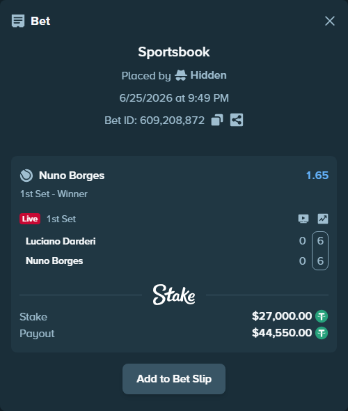 Bet slip: Luciano Darderi - Nuno Borges, $27,027.00 stake at 1.65 odds, placed by Hidden