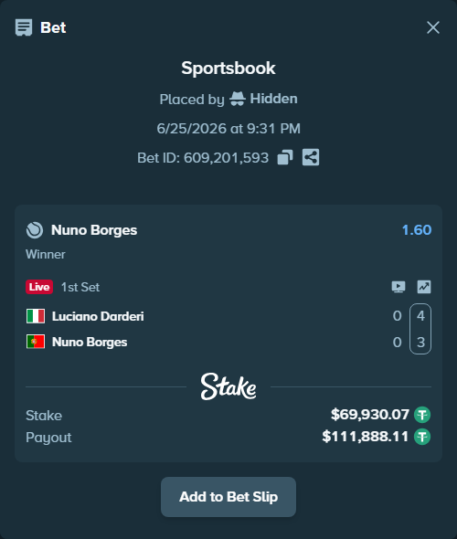 Bet slip: Luciano Darderi - Nuno Borges, $70,000.00 stake at 1.60 odds, placed by Hidden