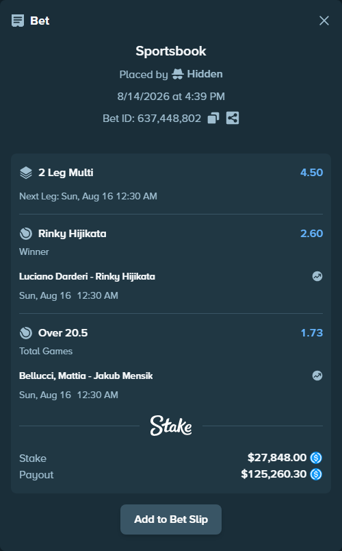 Bet slip: Luciano Darderi - Rinky Hijikata, $27,848.00 stake at 2.60 odds, placed by Hidden