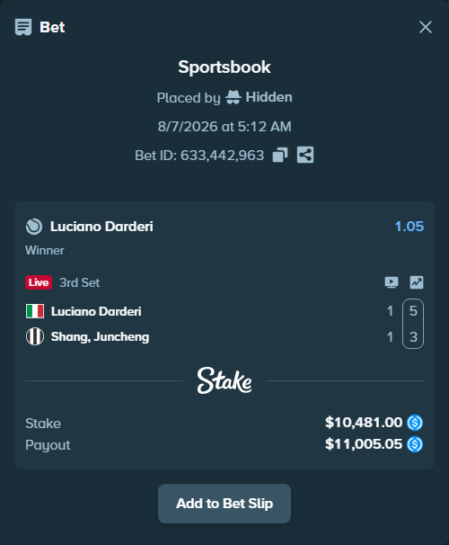 Bet slip: Luciano Darderi - Shang, Juncheng, $10,481.00 stake at 1.05 odds, placed by Hidden