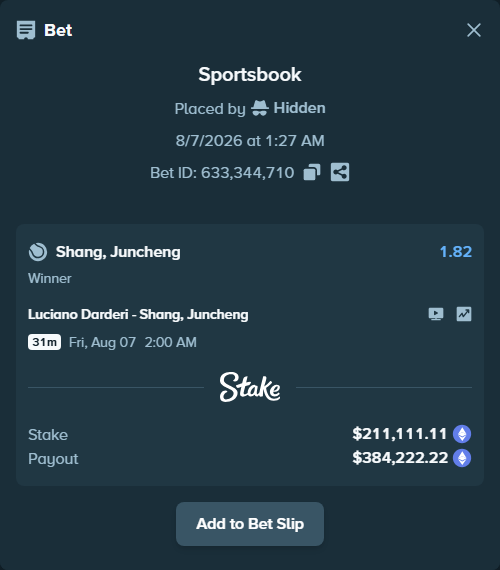 Bet slip: Luciano Darderi - Shang, Juncheng, $209,734.72 stake at 1.82 odds, placed by Hidden