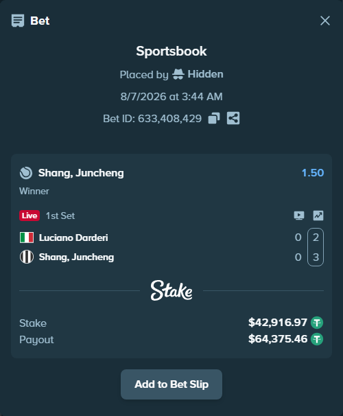 Bet slip: Luciano Darderi - Shang, Juncheng, $42,959.89 stake at 1.50 odds, placed by Hidden