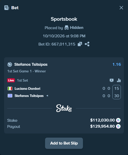 Bet slip: Luciano Darderi - Stefanos Tsitsipas, $112,428.11 stake at 1.16 odds, placed by Prettylfacko98