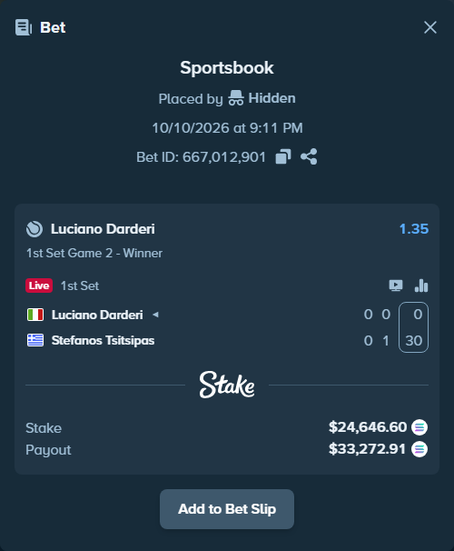 Bet slip: Luciano Darderi - Stefanos Tsitsipas, $24,734.18 stake at 1.35 odds, placed by Prettylfacko98