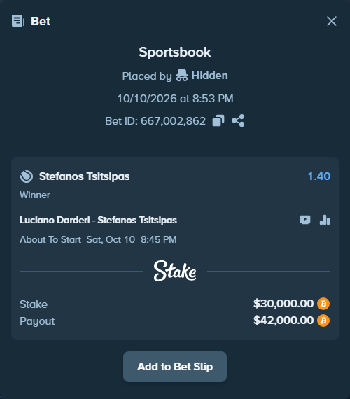 Bet slip: Luciano Darderi - Stefanos Tsitsipas, $30,108.19 stake at 1.40 odds, placed by Dzokoichoi
