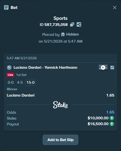 Bet slip: Luciano Darderi - Yannick Hanfmann, $10,010.00 stake at 1.65 odds, placed by Hidden