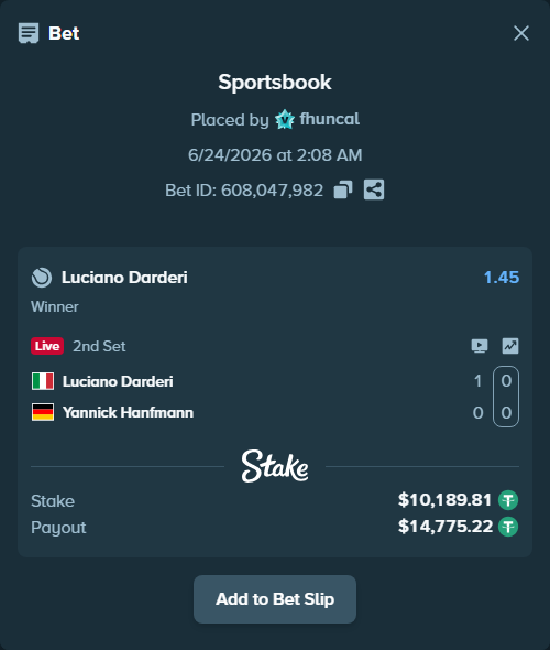 Bet slip: Luciano Darderi - Yannick Hanfmann, $10,200.00 stake at 1.45 odds, placed by fhuncal