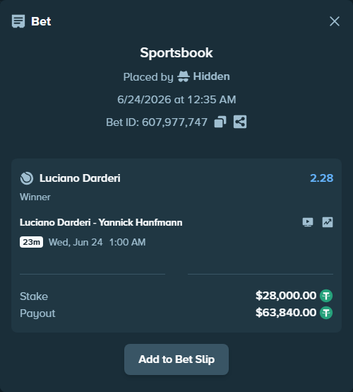 Bet slip: Luciano Darderi - Yannick Hanfmann, $28,028.00 stake at 2.28 odds, placed by Hidden