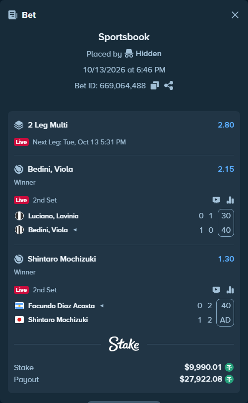 Bet slip: Luciano, Lavinia - Bedini, Viola, $10,000.00 stake at 2.15 odds, placed by Hidden