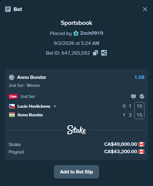 Bet slip: Lucie Havlickova - Anna Bondar, $29,600.00 stake at 1.08 odds, placed by Zach0919