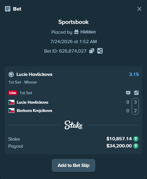 Bet slip: Lucie Havlickova - Barbora Krejcikova, $10,868.00 stake at 3.15 odds, placed by Hidden
