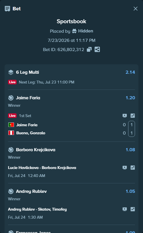 Bet slip: Lucie Havlickova - Barbora Krejcikova, $150,000.00 stake at 1.08 odds, placed by Hidden
