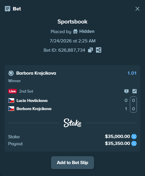 Bet slip: Lucie Havlickova - Barbora Krejcikova, $35,000.00 stake at 1.01 odds, placed by Hidden