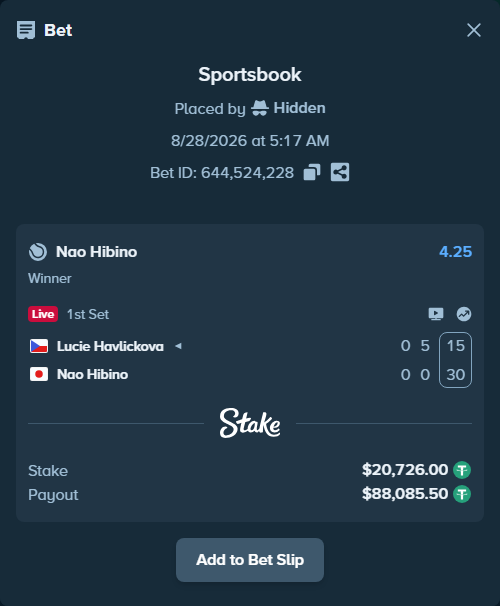 Bet slip: Lucie Havlickova - Nao Hibino, $20,726.00 stake at 4.25 odds, placed by Hidden