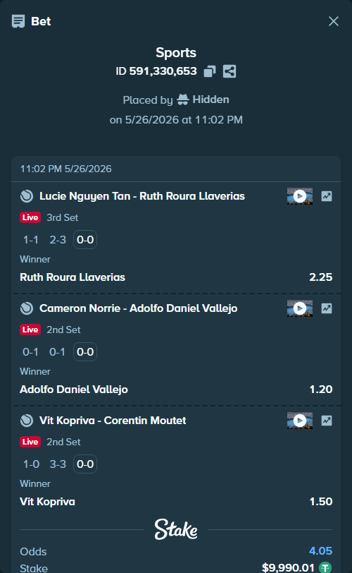 Bet slip: Lucie Nguyen Tan - Ruth Roura Llaverias, $10,000.00 stake at 2.25 odds, placed by Hidden