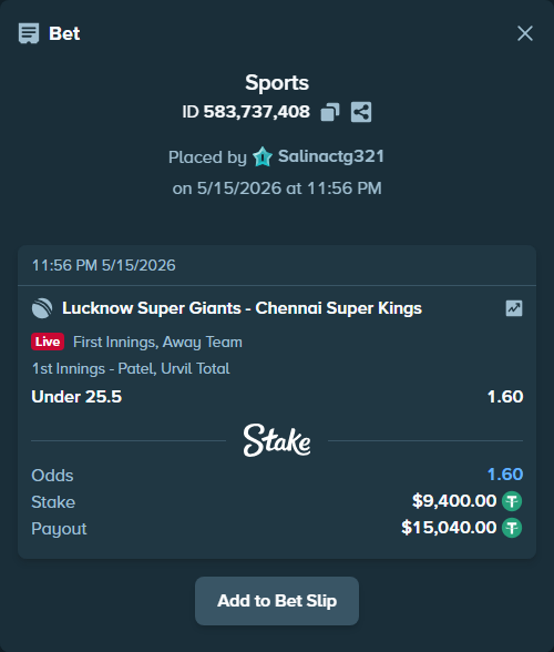 Bet slip: Lucknow Super Giants - Chennai Super Kings, $9,400.00 stake at 1.60 odds, placed by Salinactg321