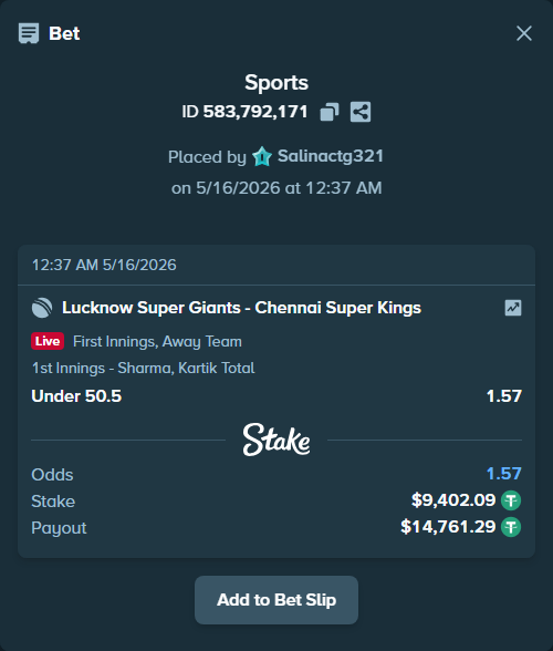Bet slip: Lucknow Super Giants - Chennai Super Kings, $9,402.09 stake at 1.57 odds, placed by Salinactg321