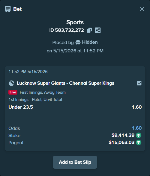 Bet slip: Lucknow Super Giants - Chennai Super Kings, $9,414.39 stake at 1.60 odds, placed by Salinactg321