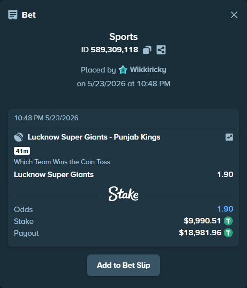 Bet slip: Lucknow Super Giants - Punjab Kings, $10,000.50 stake at 1.90 odds, placed by Wikkiricky