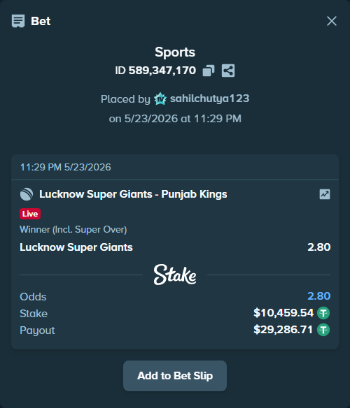 Bet slip: Lucknow Super Giants - Punjab Kings, $10,470.00 stake at 2.80 odds, placed by sahilchutya123