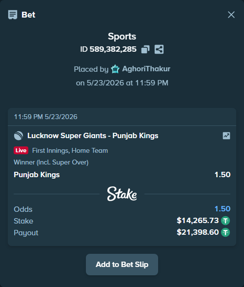Bet slip: Lucknow Super Giants - Punjab Kings, $14,280.00 stake at 1.50 odds, placed by AghoriThakur