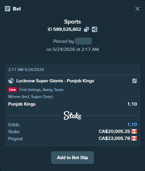 Bet slip: Lucknow Super Giants - Punjab Kings, $14,803.89 stake at 1.10 odds, placed by Chinujaatjind